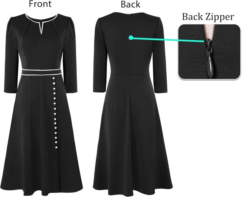 VFSHOW Womens Pleated Notch V Neck Front Slit Buttons Pockets Office Business Work Slim A-line Fit and Flare Midi Dress - Image 3